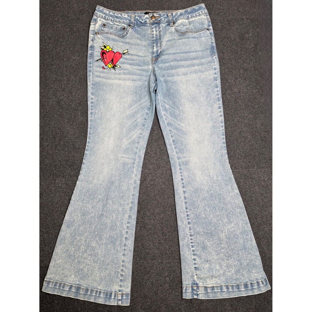 Ed Hardy Women Light Wash Flare Tattoo Y2K Graphic Jeans 2000s Size 32 Grunge